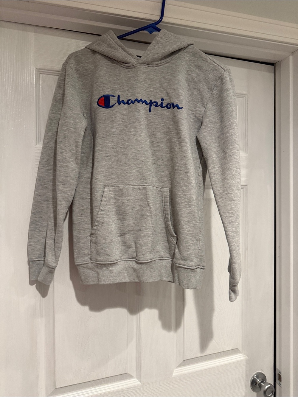 Champion Light Gray Hoodie with Blue and Red Logo